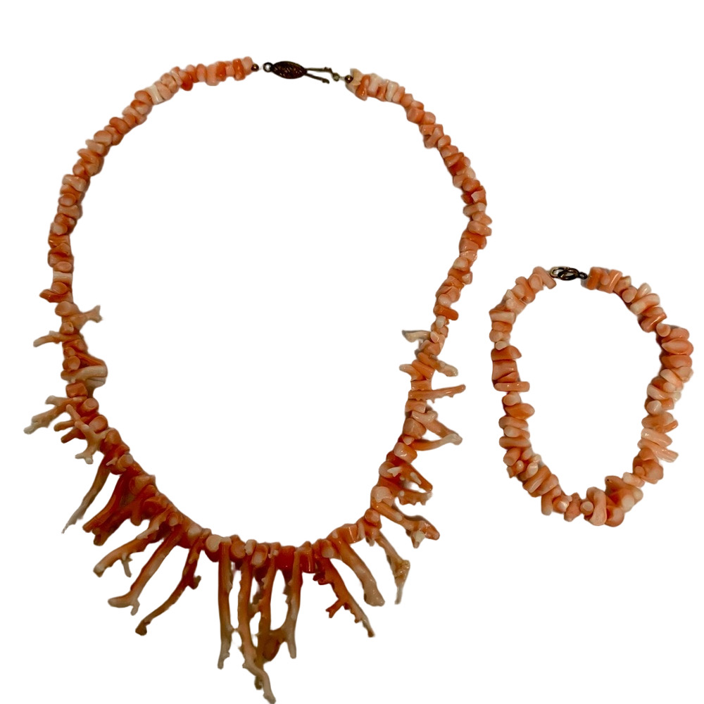 Vintage Natural Coral Fringe Necklace‎ & Bracelet Set Delicate Bohemian 18” L